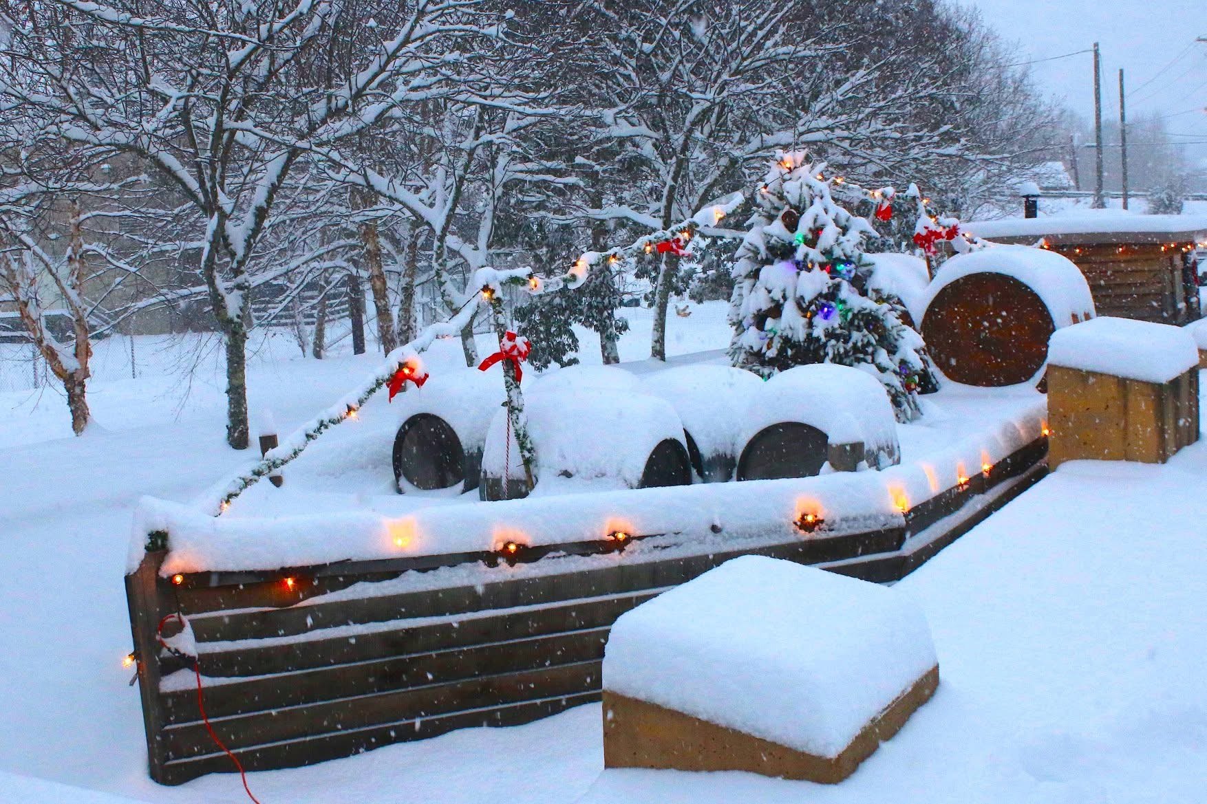The Christmas batteau at Canal Basin Square under fresh snow, lined with warm lights, garland and red bows